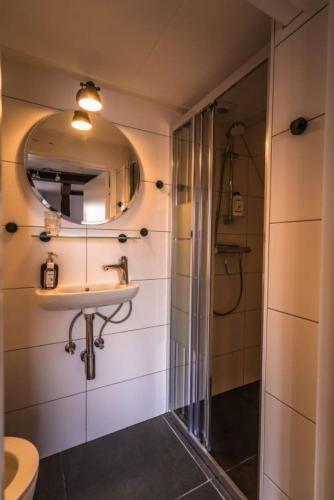 a bathroom with a shower and a sink and a mirror at De Kaepstander in Middelburg