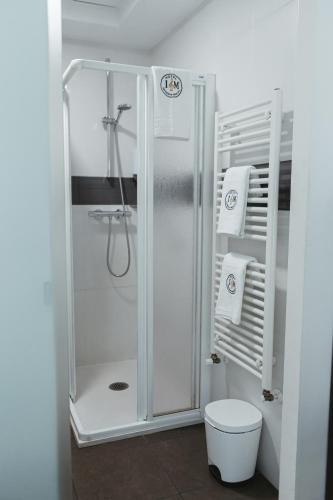 a bathroom with a shower and a toilet at Imprenta Musical Alojamiento in Astorga