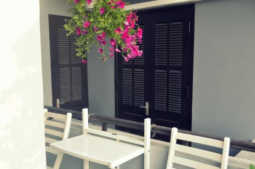 a porch with two chairs and a potted plant with pink flowers at Green CoCo HomeStay in Hoi An