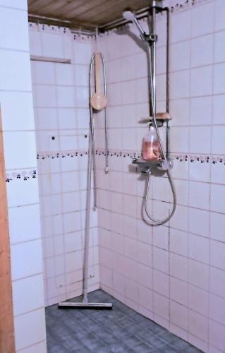 a shower in a bathroom with pink tiled walls at Rantakorpi Farm in Niemisjärvi