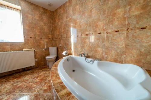 a bathroom with a tub and a toilet at LAKE VIEW House in Mikołajki