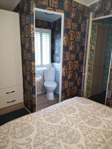 a bedroom with a toilet and a mirror at Dog Friendly Holiday Home in Northampton