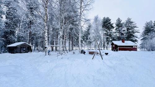 a snow covered yard with a house and trees at Savupirtti 1819 in Pudasjärvi