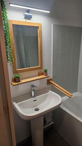 a bathroom with a sink and a mirror and a tub at Col de L'Arzelier in Château-Bernard