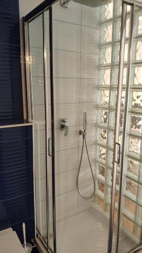 a shower with a glass door in a bathroom at Huéspedes Sa Font in Ibiza Town