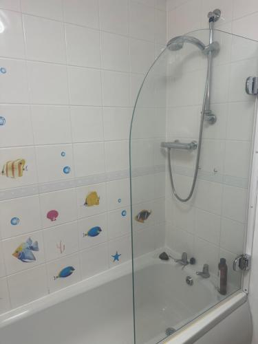 a bathroom with a shower with fishes on the wall at Ganmos Place in Bracknell