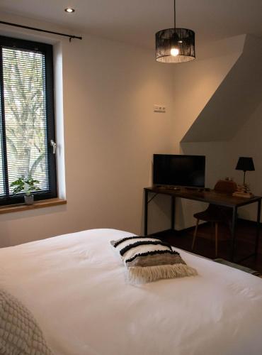 a bedroom with a bed and a desk and a window at Eighty One Horse Boulevard in Valkenswaard