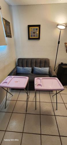a living room with a couch and two pink tables at Butterfly Ranch in St. Petersburg