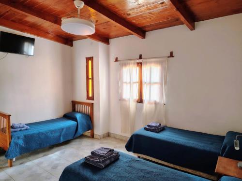 a room with two blue beds and a window at La Colorada Hostal in Tilcara