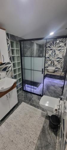 a bathroom with a shower with a toilet and a sink at Özer hızarcıoglu in Talipler