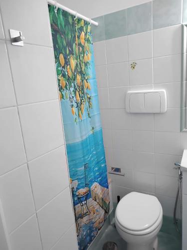 a bathroom with a toilet and a shower curtain at House Le Antiche Mura in Castel Volturno
