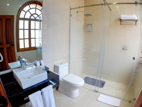 a bathroom with a toilet and a sink and a shower at Hotel Boutique Circasiana Palace in Quito