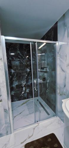a bathroom with a glass shower with a sink at Casa LUMINITA in Cîrlibaba