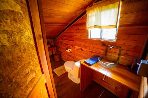 een badkamer met een toilet in een houten hut bij Tombstone in Valle de Bravo