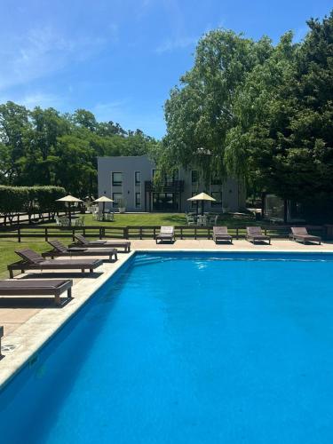a large swimming pool with lounge chairs and umbrellas at La Posada de África in Mar del Plata