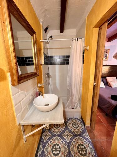 a small bathroom with a sink and a mirror at Estudio en masía Can Mon in Anglés