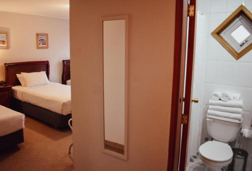 a bathroom with a toilet and a bed and a mirror at Park Inn by Radisson Puerto Varas in Puerto Varas
