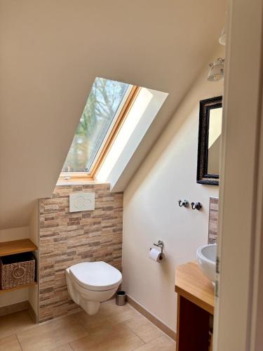 a bathroom with a toilet and a window at Ferienwohnung Gänhauk 16 in Löningen