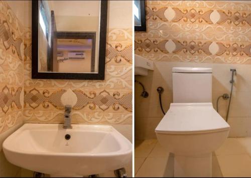 two pictures of a bathroom with a toilet and a sink at As Residency in Dehradun