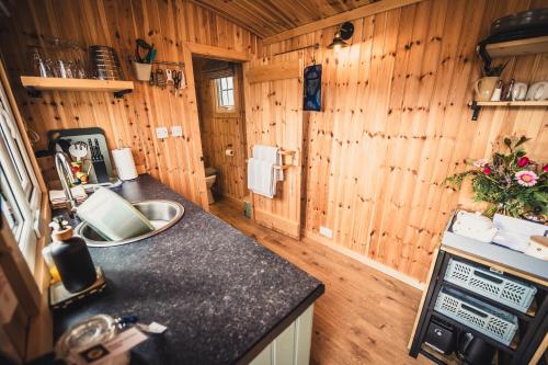 a kitchen with wooden walls and a counter top at The Swift, Shepherds Hut at Bee Happy Breaks Scotland in Perth