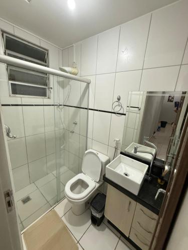 a bathroom with a shower and a toilet and a sink at Apartamento próximo Santa Casa e ABQM in Araçatuba