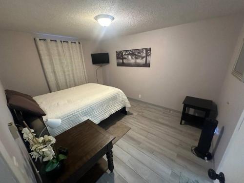 a bedroom with a bed and a table and a television at Homestake Haven in Lead