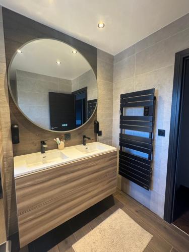 a bathroom with a sink and a mirror at Maison au calme à Pont-Évêque in Pont-Évêque