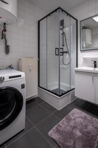 a bathroom with a shower and a washing machine at Appartement Wim in Blankenberge