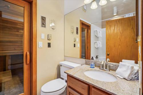 a bathroom with a toilet and a sink and a mirror at Highridge B14 Enjoy the view ski back trail shuttle service sports center in Killington