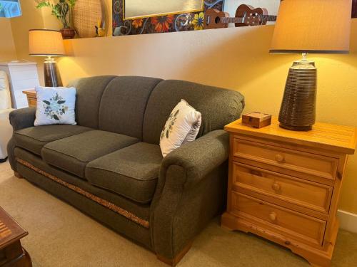 a couch in a living room with a lamp on a table at This Old Frat House Bed & Breakfast in Missoula