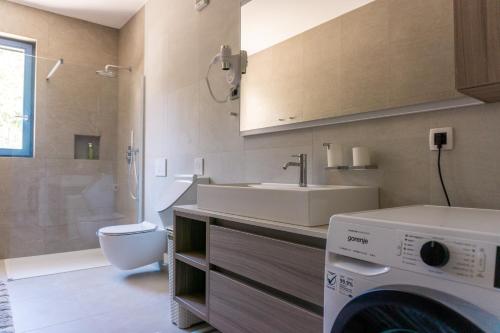 a bathroom with a sink and a washing machine in it at Vila JELSANA in Jelsa