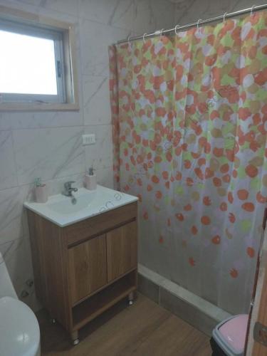 a bathroom with a sink and a shower curtain at Cabaña en Litueche - Parcela in Cartagena