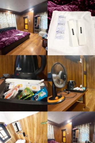 a collage of photos of a hotel room with a bed and a fan at The sameer resort in Anantnāg