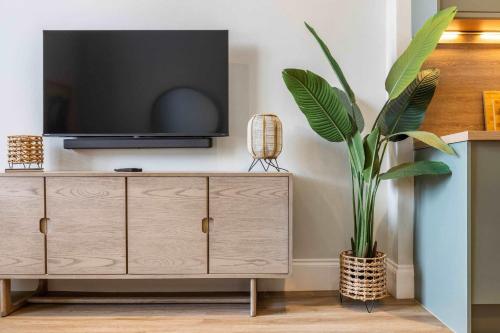 a tv on top of a dresser with a plant at The Sauchie in Glasgow
