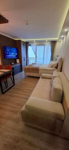 a living room with three couches and a television at Deluxe Mountain View Studio ViS in Residence Hill Hotel Kopaonik in Kopaonik