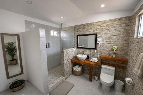 a bathroom with a shower and a sink and a toilet at Paraíso del Valle in Ensenada