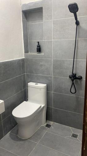 a bathroom with a white toilet and a shower at Colonial apartment for up to 4 person in Santo Domingo