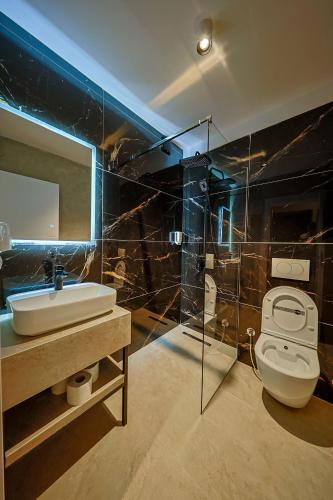 a bathroom with a sink and a toilet and a mirror at Hotel Impex in Peje
