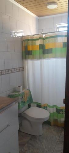 a bathroom with a toilet and a shower curtain at casita de campo in Chillán