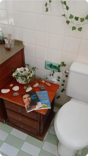 a bathroom with a toilet and a table with books on it at Casa de temporada enfrente a praia in Itanhaém