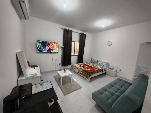 a living room with a bed and a couch at Abu Dhabi Studio in Abu Dhabi