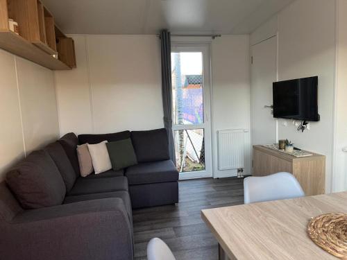 a living room with a couch and a tv at Tiny House Beilngries in Beilngries