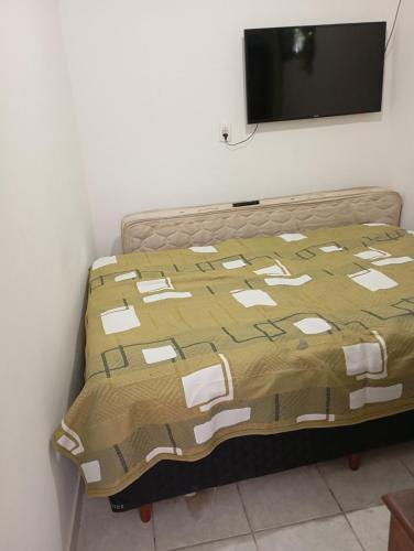 a bed in a room with a tv on the wall at Kitnet Ateneu in Vila Velha