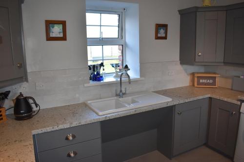 a kitchen with a sink and a window at Sally Gardens Cottage in Downpatrick