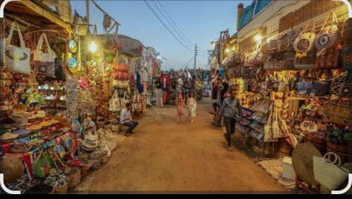 a group of people walking through a market with shops at Arman House in Aswan