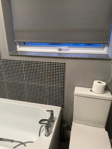 a bathroom with a white toilet and a sink at Workers Contractor friendly home long and short stays in Grimsby