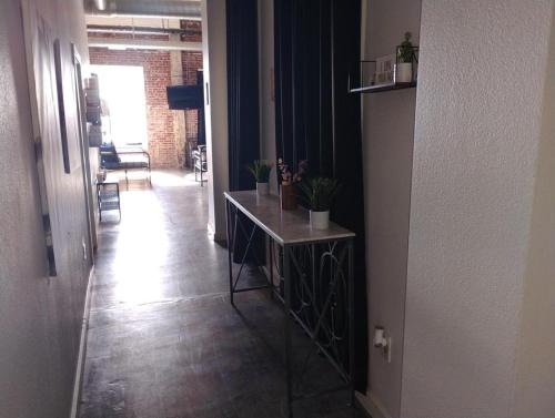 a hallway with a table with potted plants on it at The Downtown Stadium Loft in Memphis