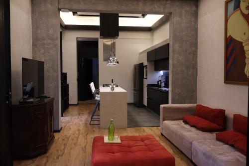 a living room with a couch and a kitchen at Casa SanRafa in Mexico City
