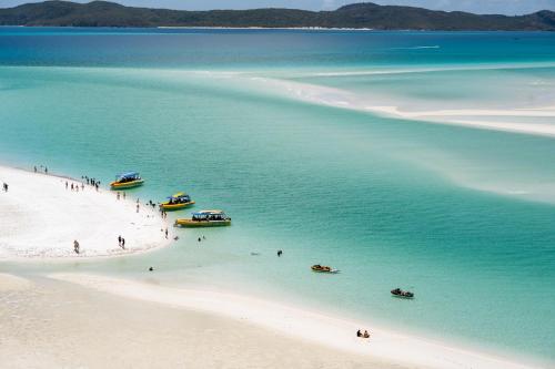 people on a beach with boats in the water at Tasman Holiday Parks - Airlie Beach in Airlie Beach