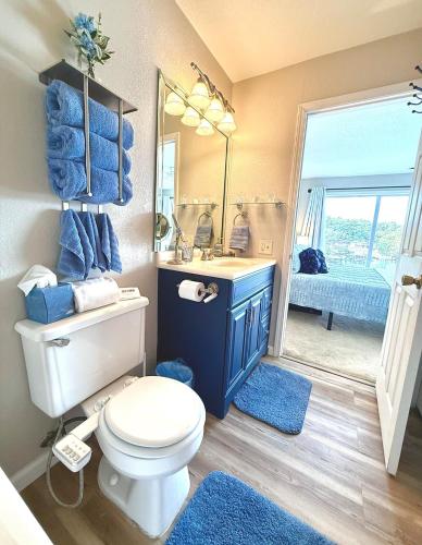 a bathroom with a toilet and a sink and a mirror at Lakefront Condo Private Deck 3 Pools in Osage Beach